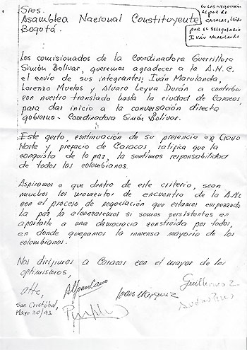 Carta enviada por Alfonso Cano